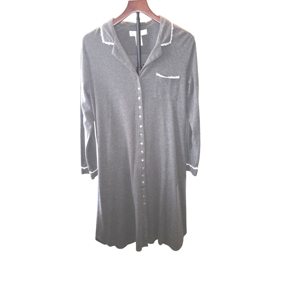 Eileen West Nightgown Womens Med Gray Lace Trim Button Front Sleep Shirt E562987